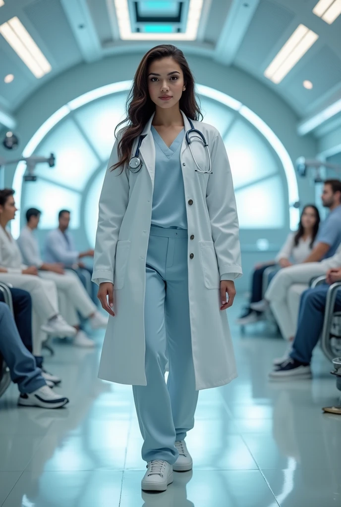 Little chubby 23 year old girl became a surgeon and serving the mankind in the hospital full of patients in scifi theme