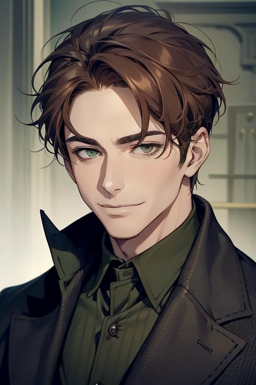 masterpiece, best quality, realistic, 1man, mature male, quiet and charming young man, 35 years old, smirk and look on the side, closed mouth, portrait, extremely detailed face, smirk, (dark green eyes), (short-side-swept shar brown hair)), [thick eyebrows], (detective clothing)