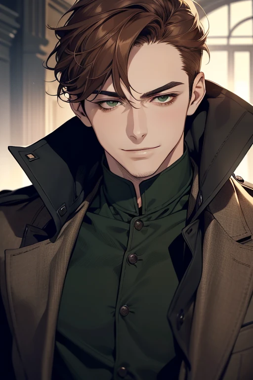 masterpiece, best quality, realistic, 1man, mature male, quiet and charming young man, 35 years old, smirk and look on the side, closed mouth, portrait, extremely detailed face, smirk, (dark green eyes), (short-side-swept shar brown hair)), [thick eyebrows], (detective clothing)