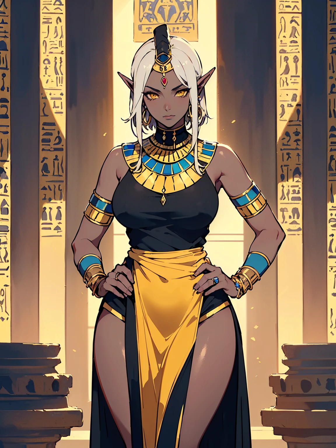 1girl, masterpiece, perfect face, (((dark blue skin tone, dark elf))), (Short White hair), ((yellow eyes)), ((perfection)), hourglass body, (((thicc))), ((((black ancient egypt clothing and jewlery)))), 8k, 4k resolution, highly detailed, (((beautiful mature woman))), ((cowboy shot)),