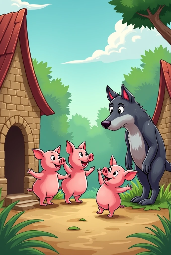 The 3 little pigs in the version where the pigs are bad and naughty cartoon and the wolf is good