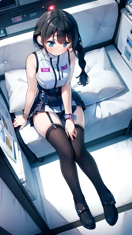 (Highest quality), (masterpiece), 1080P, High resolution, 4K, 8k, Inside the space station、Futuristic room、Thigh straps, Shooting from directly below, The woman on top of me, 白いSweat, Covered , Sweat, Woman looking down, Skirt swimsuit, Thigh-high socks, To achieve this, , , whole body, Black leather shoes, Braided hair, Inner Color, Embarrassed face, Short black hair, bracelet, Bedroom,celestial body_Vest