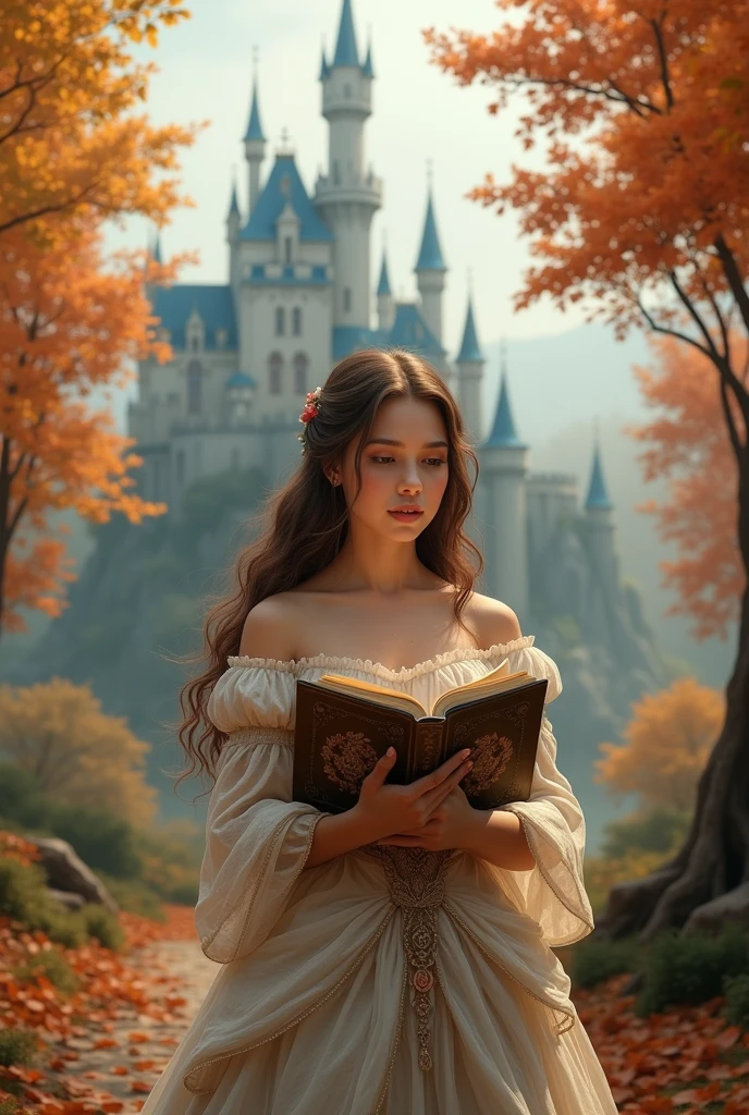 A princess with long brown hair standing next to autumn trees reading a book. There is an enchanted castle in the background. Its an autumn foggy day.