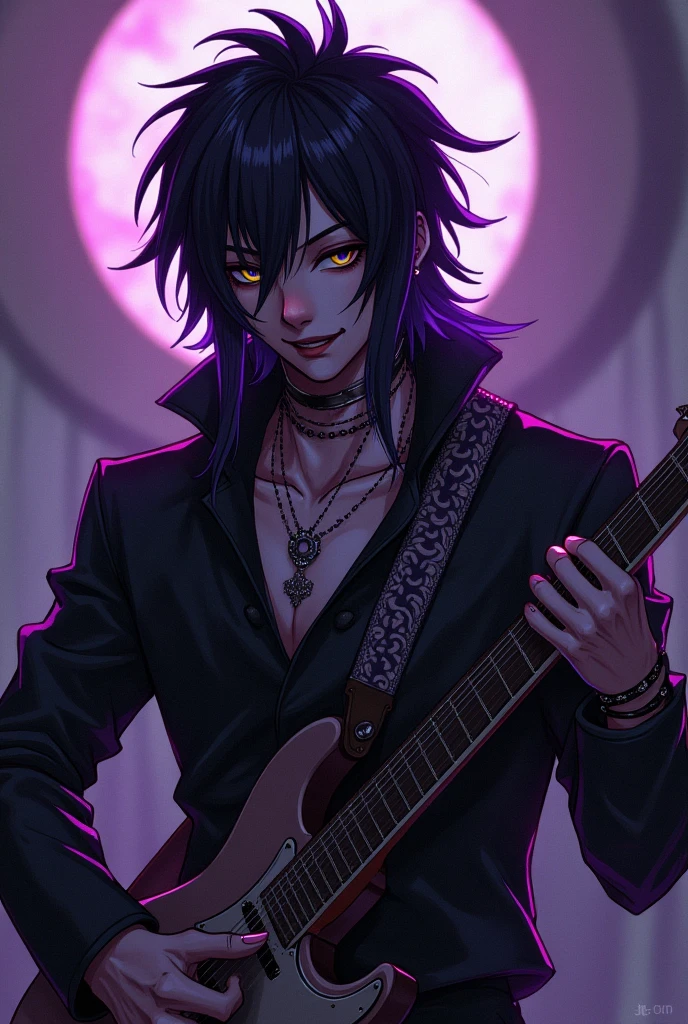 I would like to create a male character who is within the world of paranormal order.,where he is an energy occultist who was once part of the host cult,has a different, more stylish and stylized mask like the host&#39;s,he has black hair with purple highlights and his hair goes down to his shoulders and he has several piercings make him play guitar,He&#39;s not like that, he&#39;s more radical and has complete purple highlights and black hair