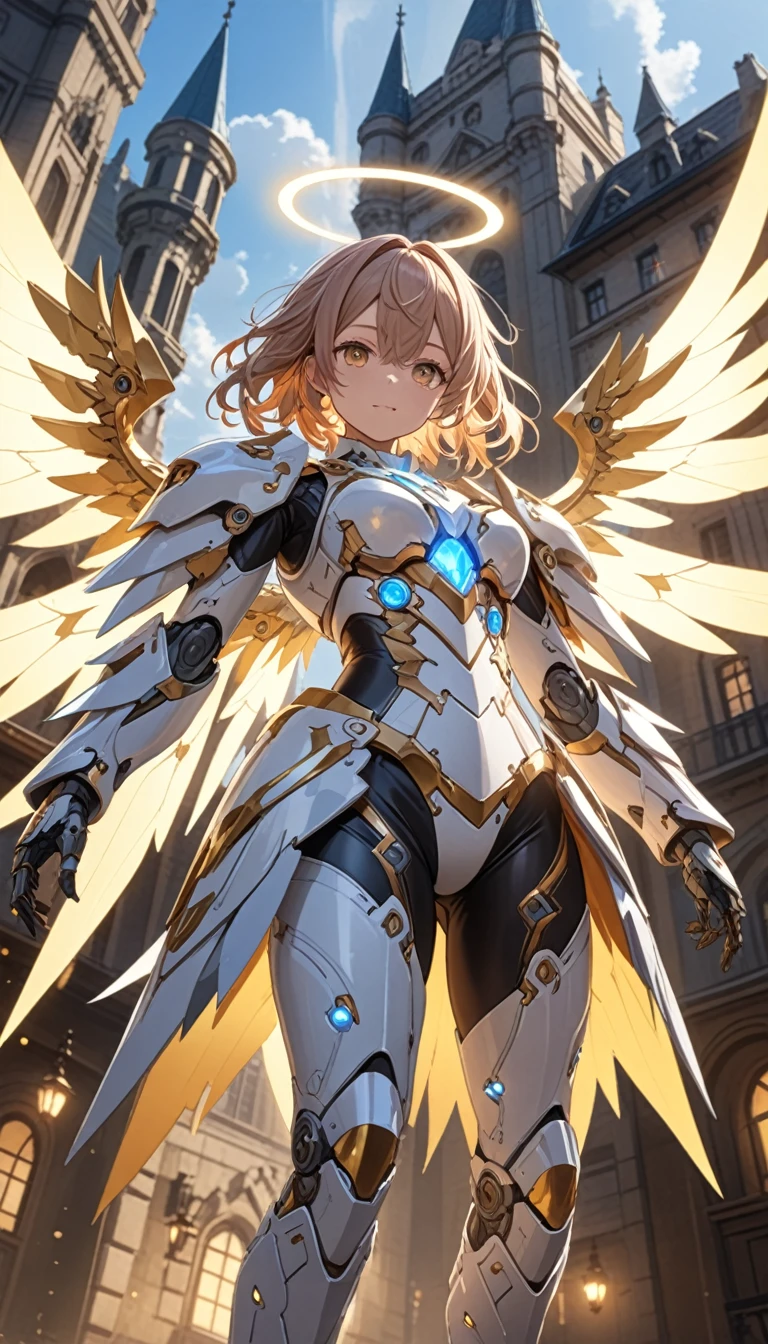 (Highest quality, masterpiece, colorful, Dynamic Angle, From below, highest detailed)Upper body photo, Full body photo, Cute Mechengel fashion photo, Four glowing wings, alone, Luminous armor, Glowing halo, building, Four glowing mechanical wings (複雑なdetailed, hyperdetailed:1.15), detailed, Light passing through hair, (Official Art, extreme detailed, highest detailed), High resolution+