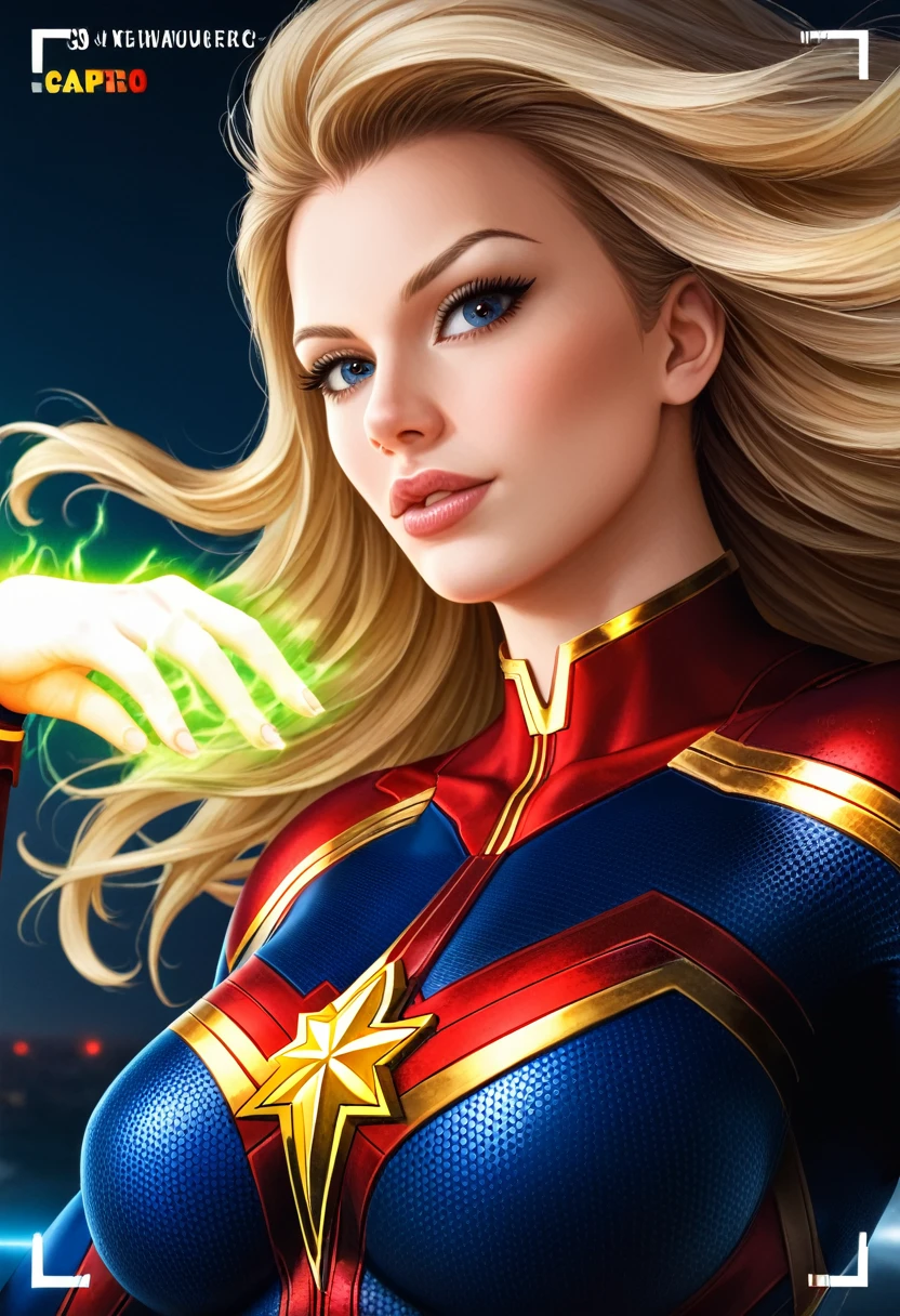 a female superhero,captain marvel,energy emitting from her outsrtechted hands and body ,powerful and sexy pose,cinematic lighting,vivid colors,cinematic composition,beautiful detailed eyes,beautiful detailed lips,extremely detailed face and body,long eyelashes, long blonde hair ,volumetric energy effects,dramatic shadows,glowing energy aura,cinematic camera angle,hyper realistic,8k,high quality,detailed rendering,digital art,concept art style