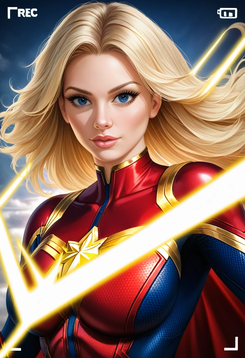 a female superhero,captain marvel,energy emitting from her outsrtechted  hands and body ,powerful and sexy pose,cinematic lighting,vivid colors,cinematic composition,beautiful detailed eyes,beautiful detailed lips,extremely detailed face and body,long eyelashes, long blonde hair ,volumetric energy effects,dramatic shadows,glowing energy aura,cinematic camera angle,hyper realistic,8k,high quality,detailed rendering,digital art,concept art style