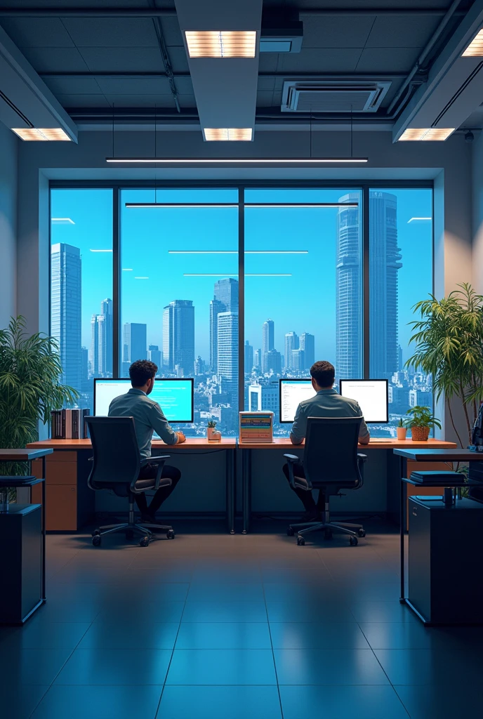 A panoramic view of a modern technology office. The three characters are shown: Carlos, Ana and Javier, each one at his work station.