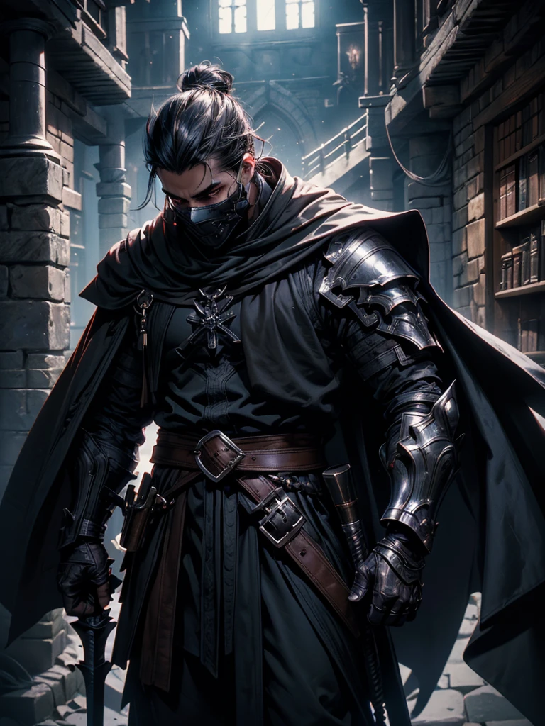 (masterpiece, high quality, cinematic lighting, backlighting, sharp colors)
Tall muscular young man, black hair tied in a bun, dark eyes, compact muscles. Face hidden by a full iron mask, expressionless. Wears medieval robe, leather shirt and pants, armor plates on vital areas. Dark crime scene background, shadowy atmosphere.