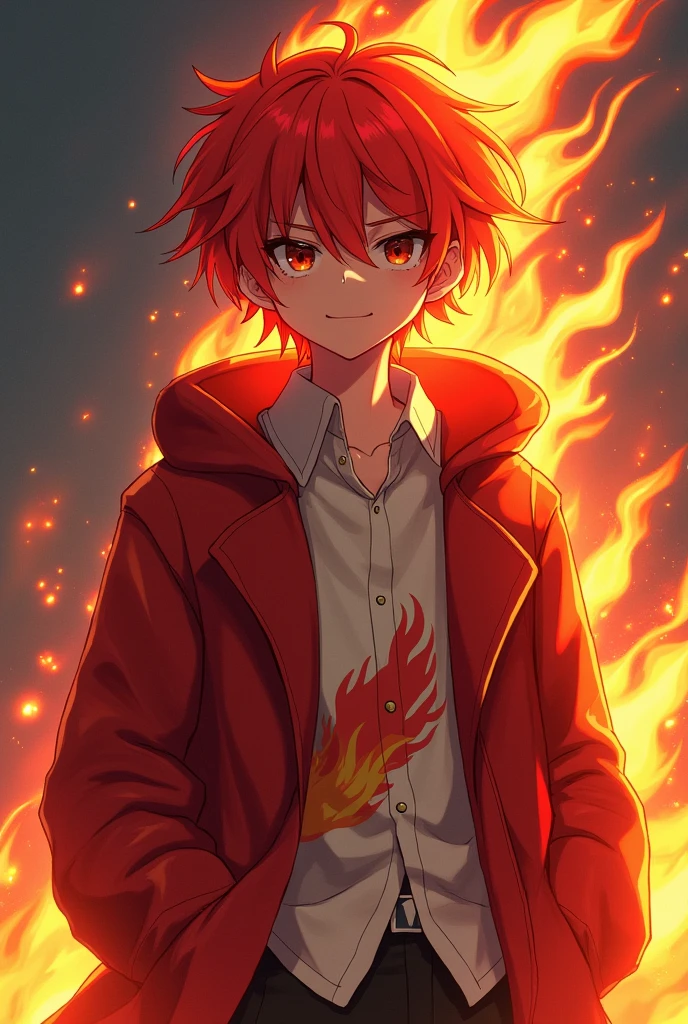 Fire hair blouse with red coat with fire red skin red clothes with white blouse white sneakers symbol of fire gamer boy