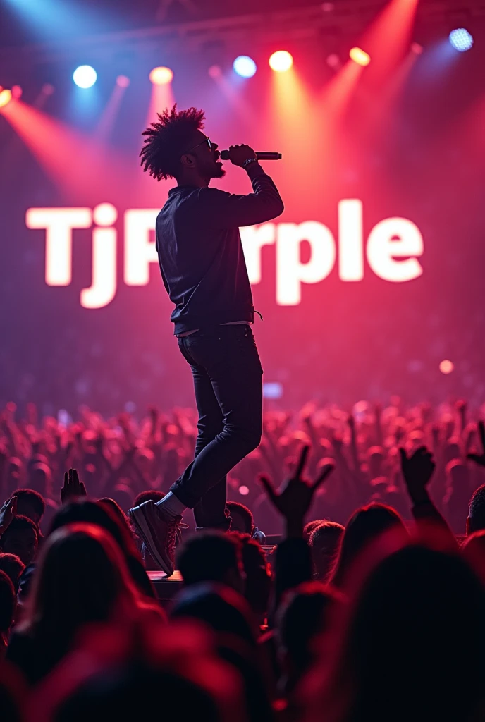 Afro male singing on a mic in a stadium filled with people with the word Tj Purple boldly written on the Background