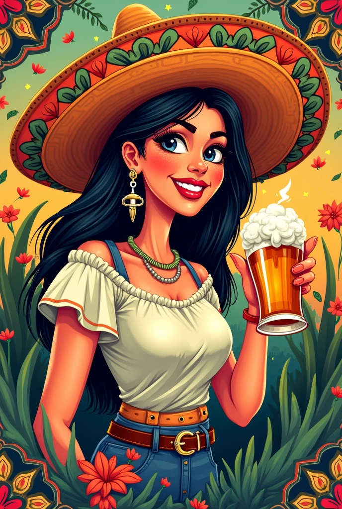 Mexican lottery logo with a drawing of a lady with a beer in her hand