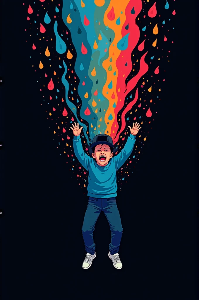 Boy in blue sweatshirt and black 2D style cap falling into a void while crying colored drops