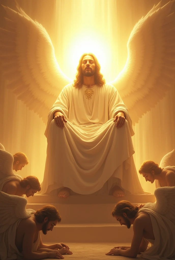 Generate Jesus with a face like the white and bright sun, sitting on a white throne, big and tall, and below angels prostrated before the throne with their faces on the ground