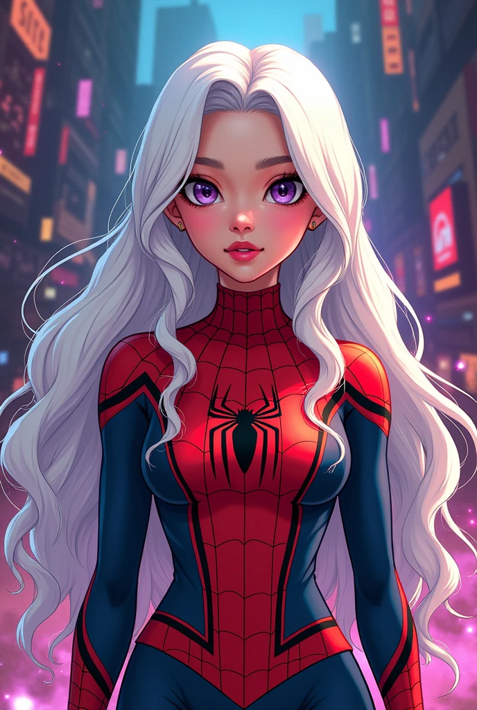 drawn in a spiderverse artstyle, a woman, 20 years old, southeast asian, long platinum white wavy hair (black on the roots), wears spiderman suit as a top