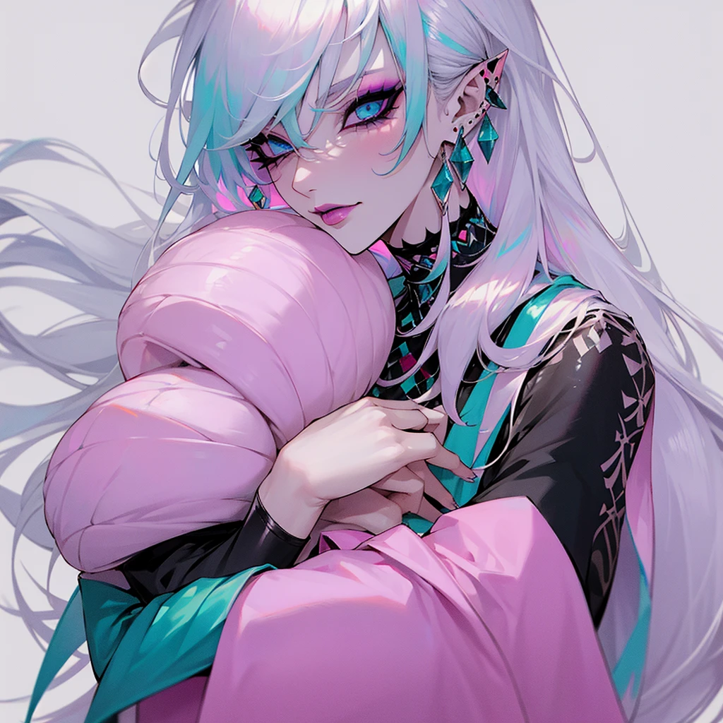 Pretty, long white hair, long hair, beautiful, pretty, sexy, beautiful, gorgeous, and very attractive. Pale skin, pastel blue eyes, teal eyes, black eyelashes, pink eyeshadow, pink lipstick, light makeup, makeup, pretty makeup, doll, male, boy, revealing outfit, crop top, long sleeves, shoulder less