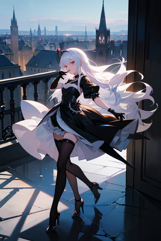 waifu_anime_beautiful on the balcony in a beautiful city and night long white hair, black dress, Pearl Necklace, long black gloves, black stockings, black heels bag