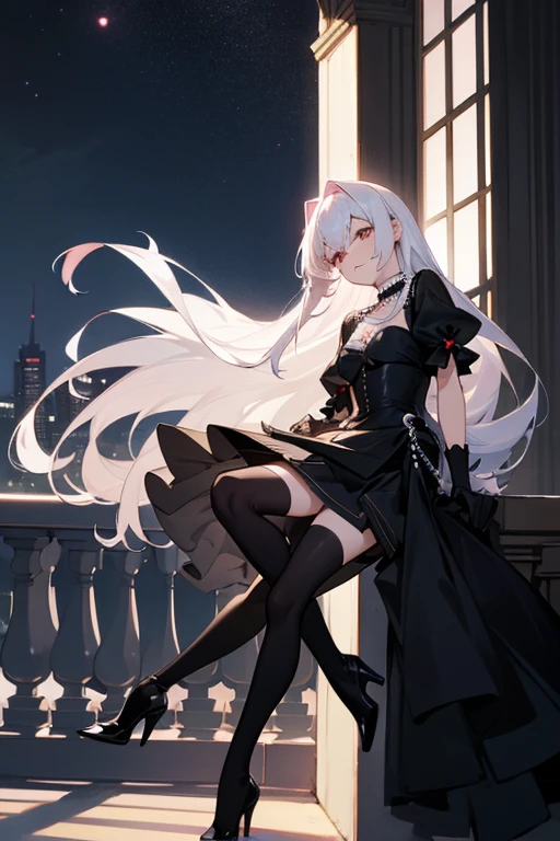 waifu_anime_beautiful on the balcony in a beautiful city and night long white hair, black dress, Pearl Necklace, long black gloves, black stockings, black heels bag