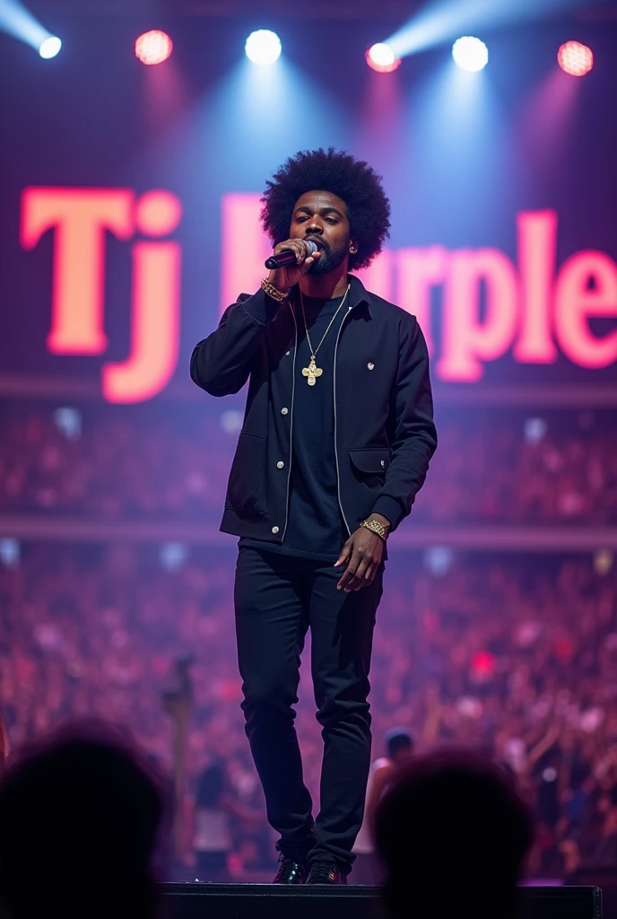 Afro male singing on a mic in a stadium filled with people with the word Tj Purple boldly written on the Background