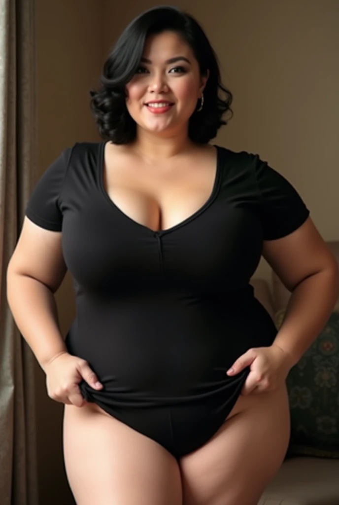 1 girl in, the 50s, very pretty sexy well groomed woman big jumbo breasts short hair sexy pose fat body glamour perfect breast black hair plus size body black t-shirt t-shirt who is plunging neckline, black thong