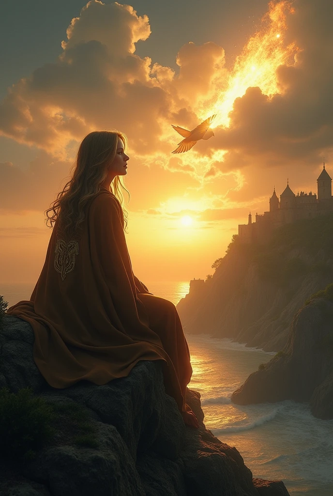 create an image for me, a girl with dark blonde hair, covered with a brown cloak with the symbol of Our Lady of Graces on the back, sitting on top of a mountain, in the sky there is a hand that comes out of a cloud and sends a luminous dove of light and fire that touches the lips of that , facing a fortress and plantations that are being built on the sea side. with a contrast between sunset and night