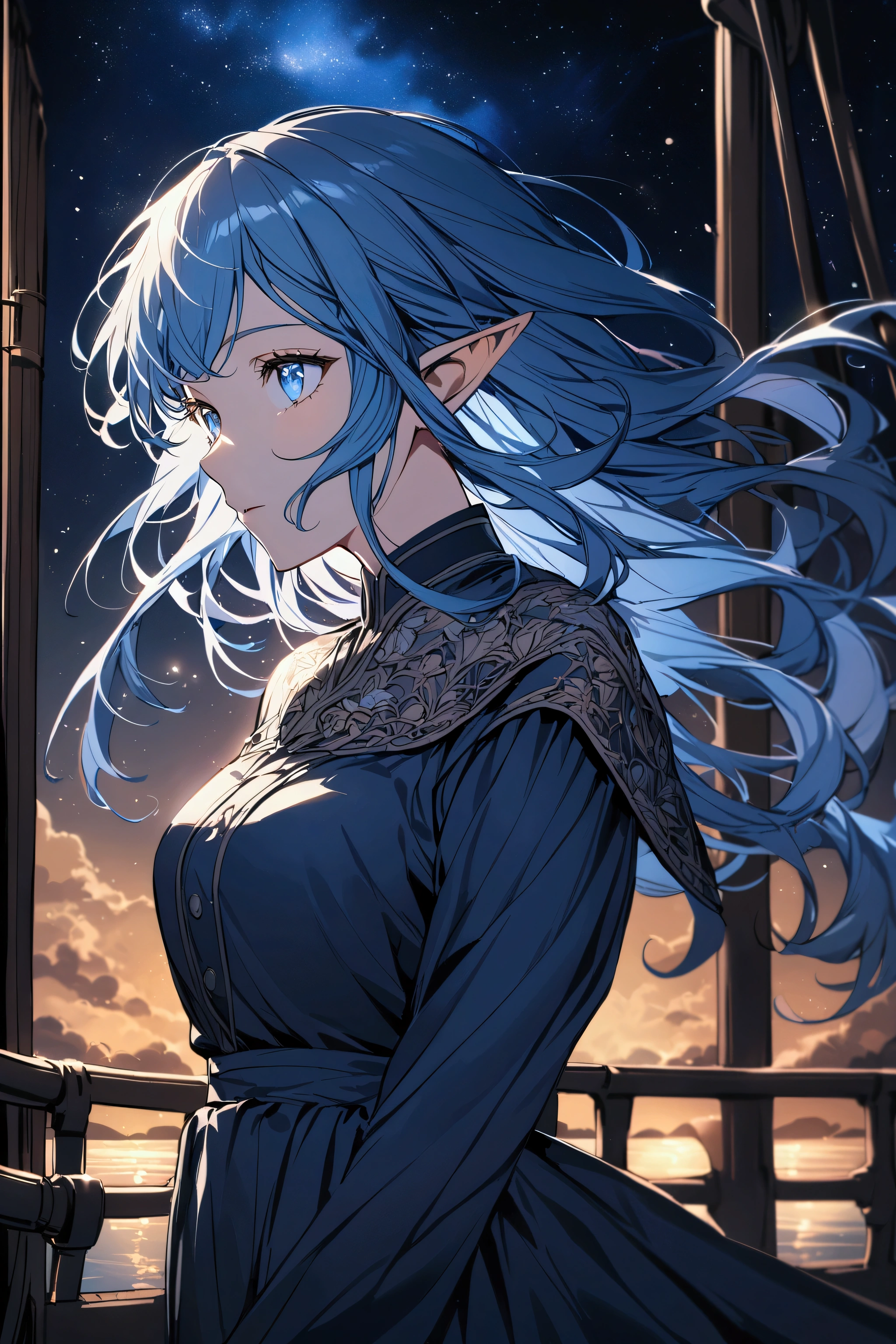 A portrait of an elf woman from the waist up. Blue hair, blue eyes. She is standing on the deck of a ship. There are stars in the beautiful night sky. She is wearing a modest uniform.