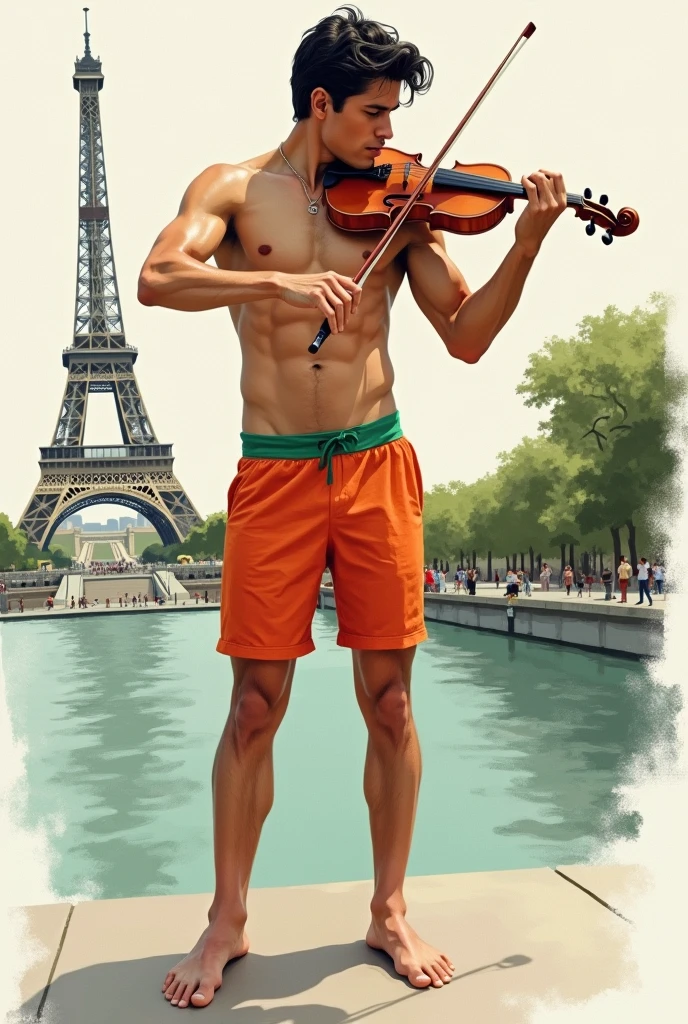 Ultra detailed illustration, ((oil painting a young man in Roberto Ferri style,  fullcolor, Latino, slim toned fitness body, defined muscles, perfect anatomy, short black wavy hair, Roman nose, thin lips, square chin, diamond shaped face, barefoot, shirtless, wearing orange and green shorts, standing playing the violin) (watercolor background, you can see the paris tower, sena river, eleeses campos ) evokes masculine beauty and art.