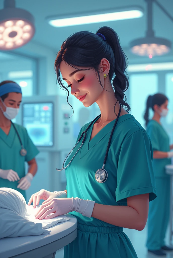 Little chubby 23 year old girl became a surgeon and serving the  mankind  in the hospital full of patients in  scifi theme 