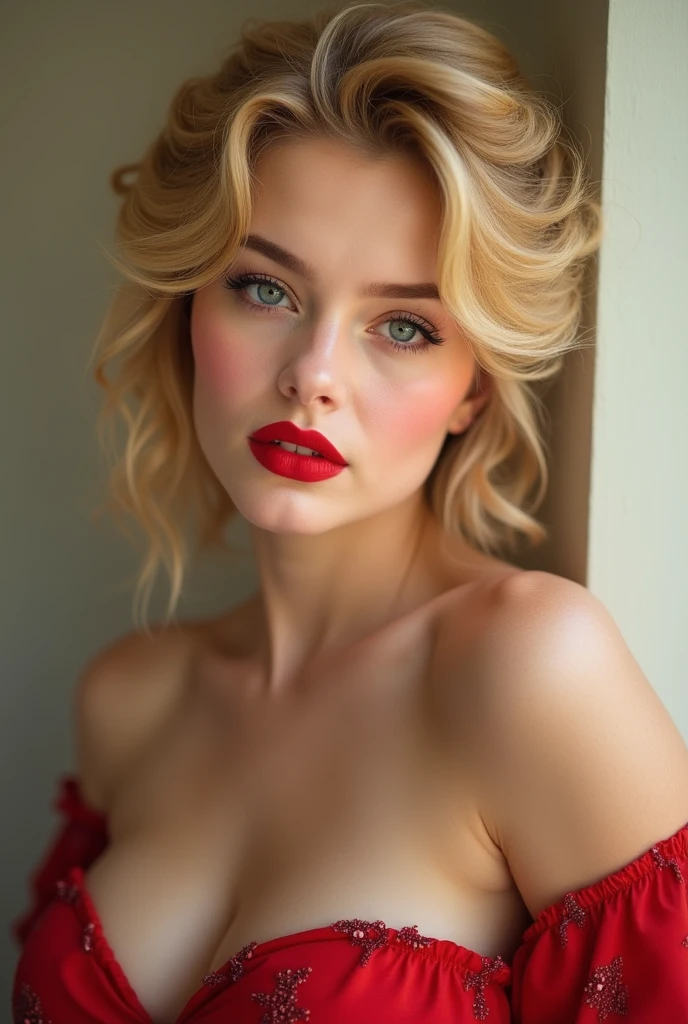 Fat blonde white girl with her hair up red lips