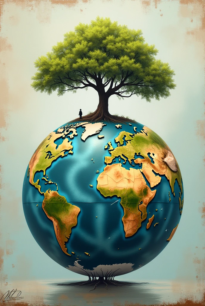 Half globe and a tree on top of it Art work
