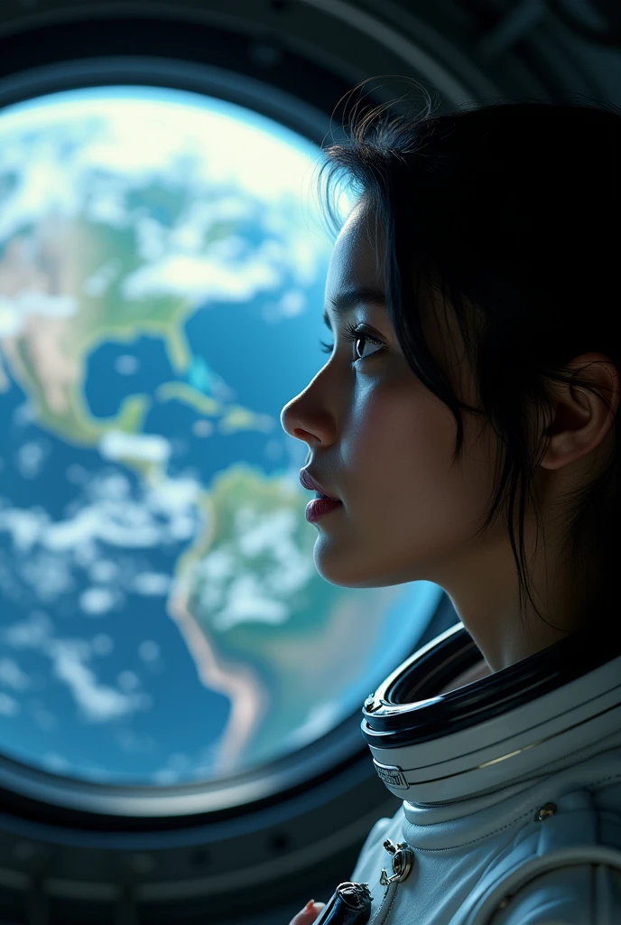 A striking portrait set within the observation deck of a futuristic space station, focusing on the close-up of a young woman’s face as she gazes out at the Earth. Her expression is one of deep contemplation and quiet melancholy, with her eyes reflecting the distant, blue planet that dominates the background. The Earth is incredibly detailed, with vibrant blues, greens, and whites showing its oceans, continents, and swirling clouds, giving a sharp contrast to the dark void of space. The curvature of the planet is visible, enhancing the sense of scale and distance.

The woman's face is softly illuminated by the natural light from Earth, casting gentle shadows that accentuate the delicate features of her face. Her hair, slightly floating due to the low gravity, adds a sense of ethereal beauty to the scene. She is wearing a sleek, modern spacesuit, with subtle reflective surfaces that catch the ambient light inside the station. Behind her, the window frames the Earth perfectly, creating a backdrop that is both awe-inspiring and emotionally resonant. The overall composition captures the intimate connection between the lone observer and the planet, evoking a sense of longing and the fragile beauty of our world seen from the vastness of space