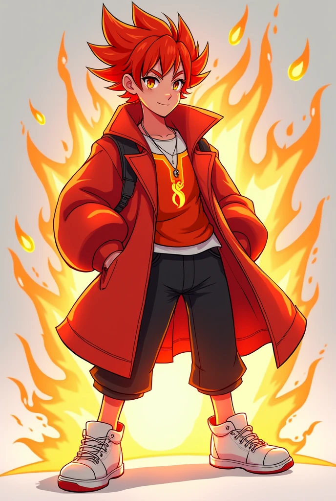 Fire hair blouse with red coat with fire red skin red clothes with white blouse white sneakers symbol of fire gamer boy animation