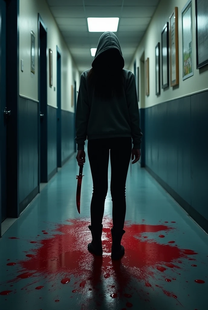 A book cover.

It will be a high school hallway, the hallway will be wide. You will see a person holding a knife full of blood and leaving a pool of it on the ground..

And at the bottom the name of the author who is: Juan Aldana

