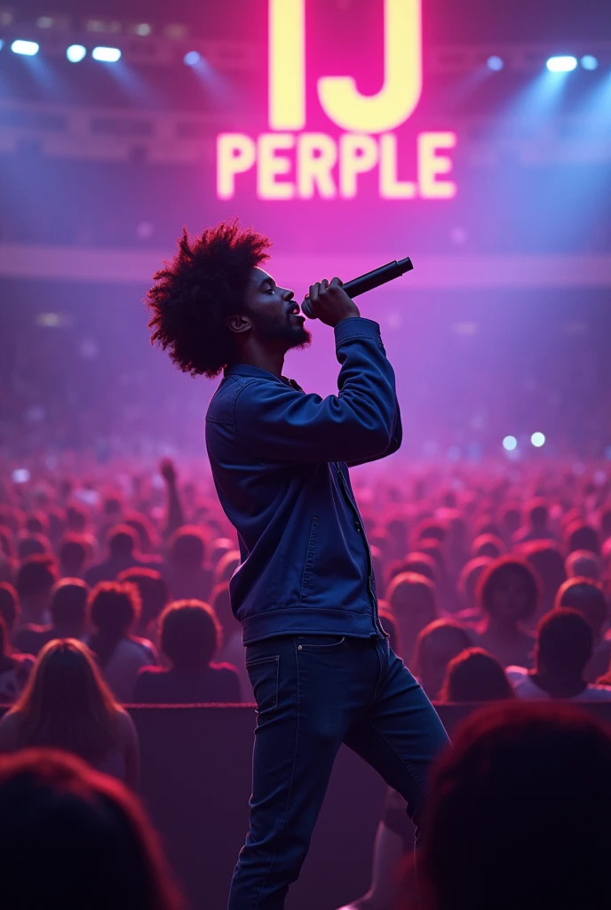 Afro male singing on a mic in a stadium filled with people with the word Tj Purple boldly written on the Background