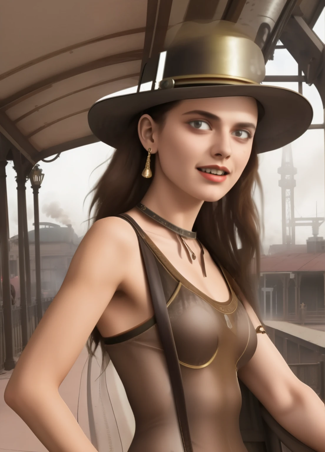 1 girl,  aviator hat ,   solo,   steam punk, train station,  , steam, smoke, masterpiece, highly detailed,HDR,8k resolution, best quality,