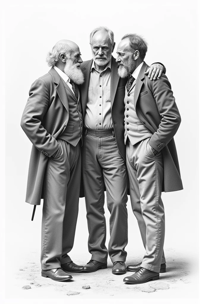 faca lamark, darwin and wallace together leaning on their shoulders, for a working cover, in a graphite drawing form 