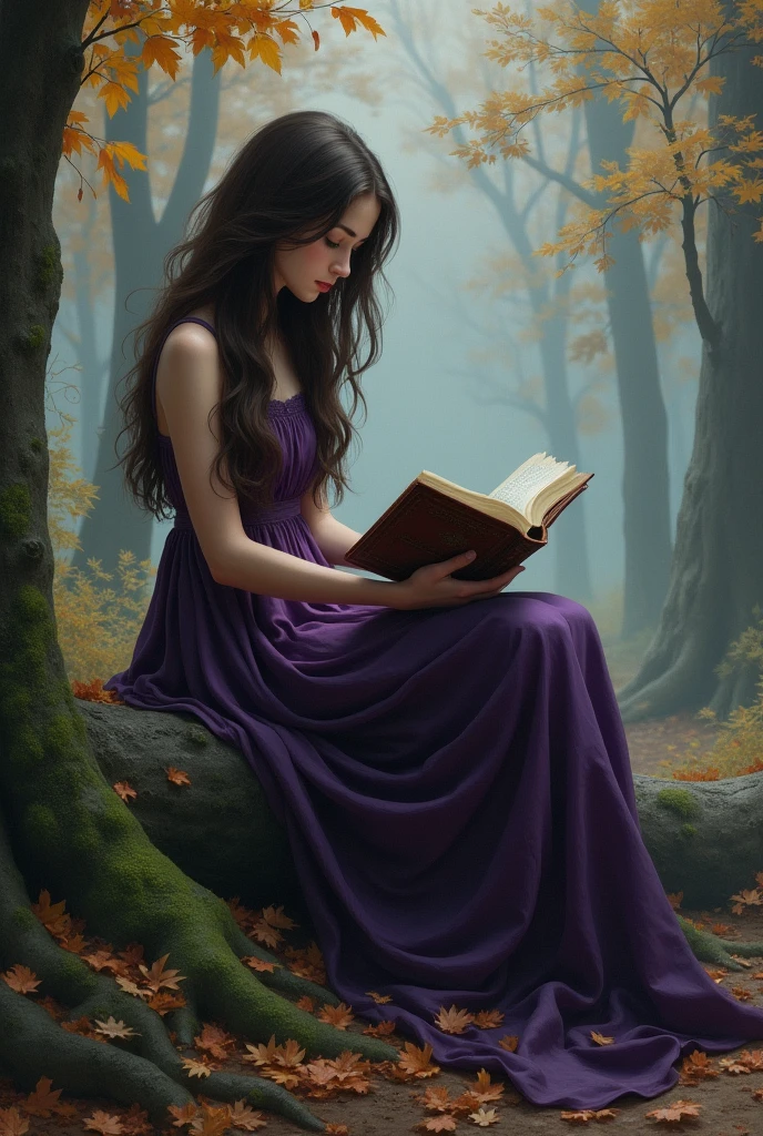 A girl with dark brown hair in a dark purple dress in autun forest. She is reading a book and its a autumn foggy day