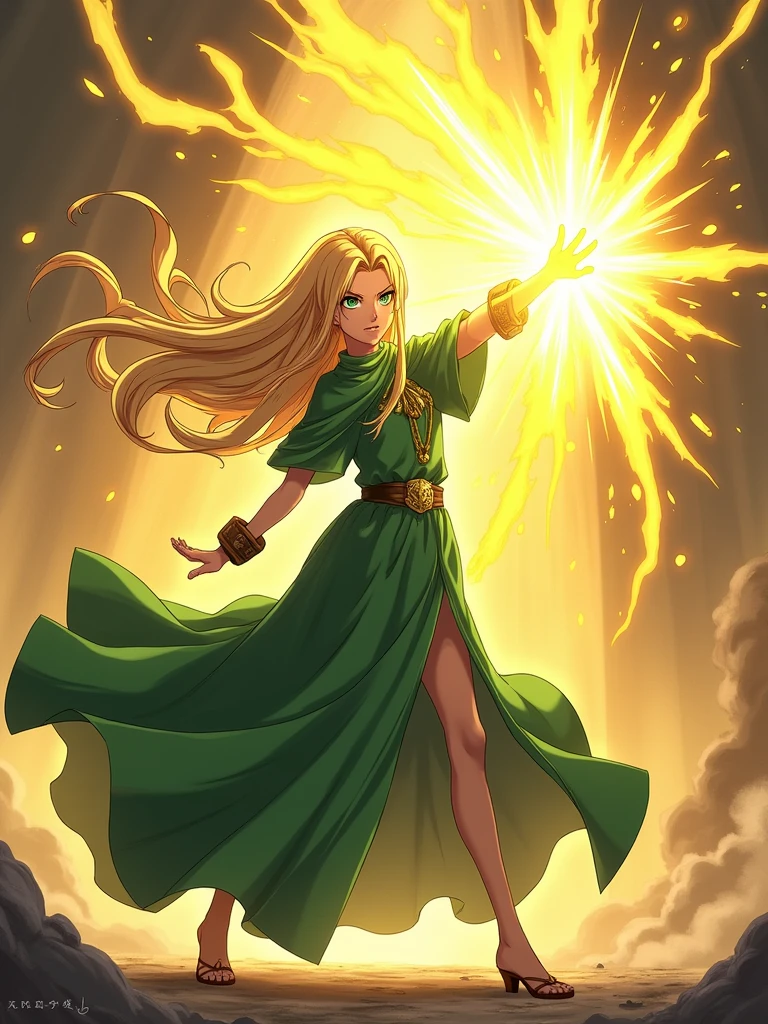anime girl with golden hair and bright green eyes. long Green mage robe, she releases all her energy and majestic,holy power. Her stare very intense no shoes. Godly yellow energy punch