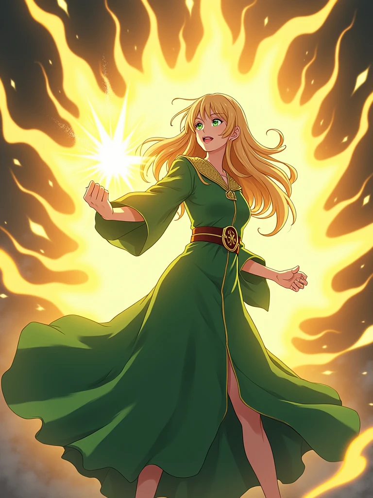 anime girl with golden hair and bright green eyes. long Green mage robe, she releases all her energy and majestic,holy power. Her stare very intense no shoes. Godly yellow energy punch
