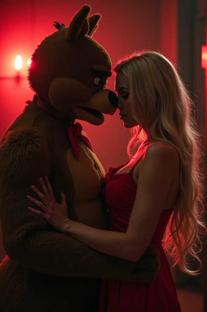 Skye from Paw Patrol, female cockapoo, anthro, mature adult, orange hair with fringe, big breasts, big butt, slim, tall, blindfold, naked, gangbang with male wolves, barstool position, doggystyle, large cock, standing, serious, detailed, solo, beautiful, high quality, 4K