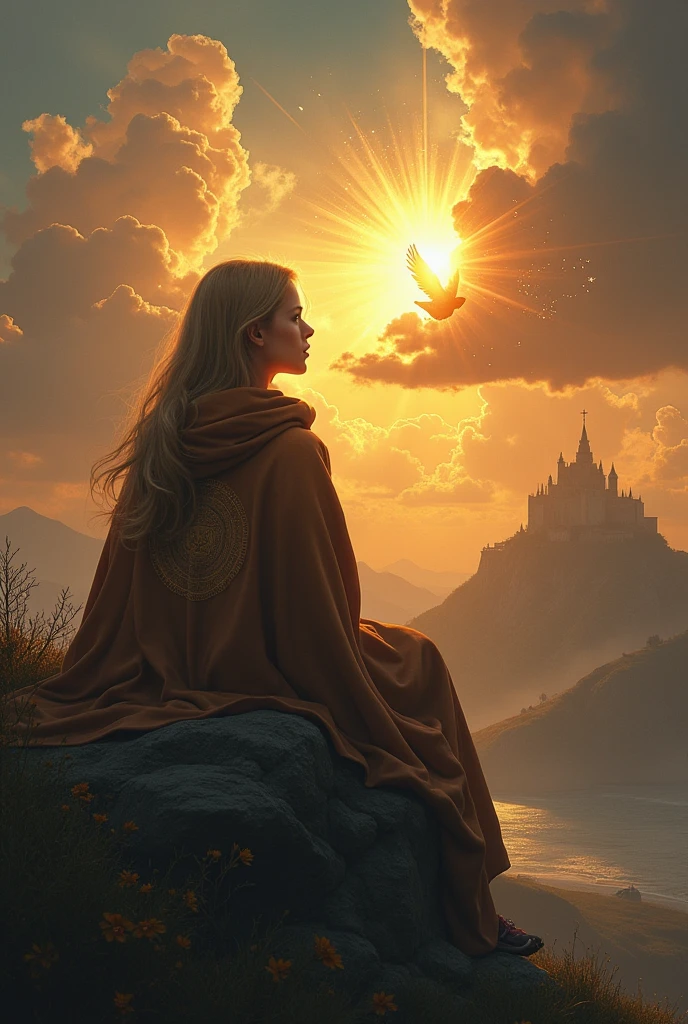 create an image for me, a girl with dark blonde hair, covered with a brown cloak with the symbol of Our Lady of Graces on the back, sitting on top of a mountain, in the sky there is a hand that comes out of a cloud and sends a luminous dove of light and fire that touches the lips of that , facing a fortress and plantations that are being built on the sea side. with a contrast between sunset and night
