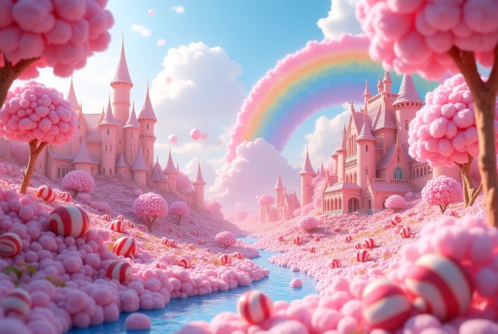 a candy land with lots of candy, candy forest, candy land, candyland, everything is made of candy, made of cotton candy, in a candy land style house, candy - coated, made of candy and lollipops, heaven pink, cotton candy, made of candy, heaven!!!!!!!!, cotton candy trees, lollipop flowers, hyperreal phantastic landscape, lots of candy land style houses, a big candy land style castle surrounded by a river made of chocolate, road made with candy buttons, Chewing Gum, candy cannes, lollypop candies all over the place, rainbow over the sky