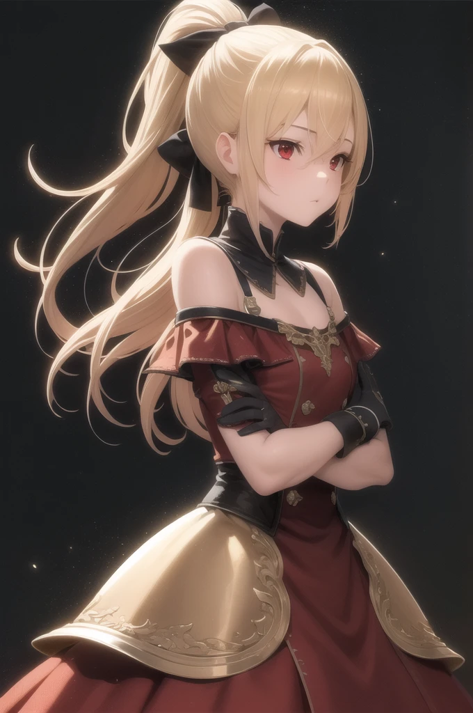 light particles, soft lighting, volumetric lighting, intricate details, finely detailed, backlighting,

1girl, solo, standing, upper body, crossed arms,

blonde hair, long hair, high ponytail, hair intakes, sidelocks, red bow,

red eyes, looking at viewer, tsurime, half-closed eyes,

red dress, off shoulder, bare arms, gloves,

black background, simple background,

