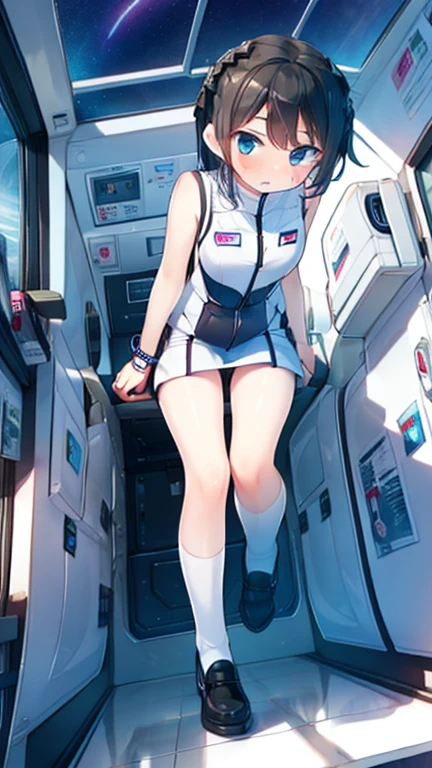 (Highest quality), (masterpiece), 1080P, High resolution, 4K, 8k, Inside the space station、Futuristic room、Thigh straps, Shooting from directly below, The woman on top of me, 白いSweat, Covered , Sweat, Woman looking down, Skirt swimsuit, Thigh-high socks, To achieve this, 16 years old, , whole body, Black leather shoes, Braided hair, Inner Color, Embarrassed face, Short black hair, bracelet, Bedroom,celestial body_Vest
