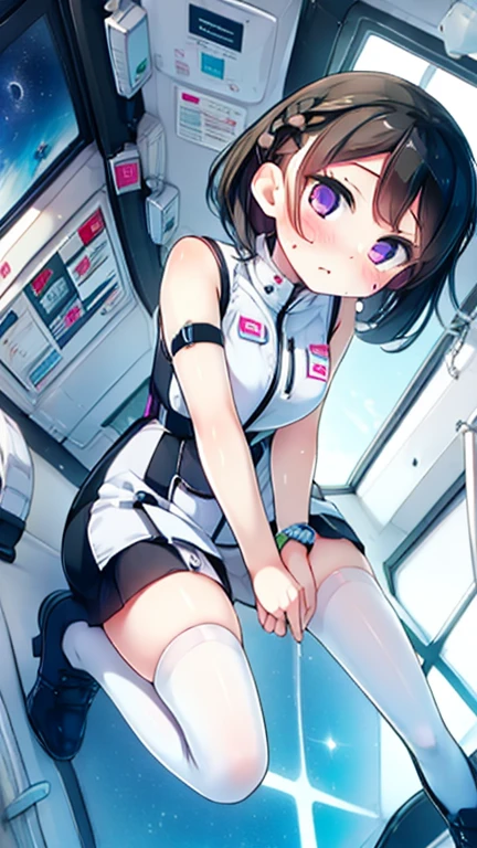 (Highest quality), (masterpiece), 1080P, High resolution, 4K, 8k, Inside the space station、Futuristic room、Thigh straps, Shooting from directly below, The woman on top of me, 白いSweat, Covered , Sweat, Woman looking down, Skirt swimsuit, Thigh-high socks, To achieve this, , , whole body, Black leather shoes, Braided hair, Inner Color, Embarrassed face, Short black hair, bracelet, Bedroom,celestial body_Vest