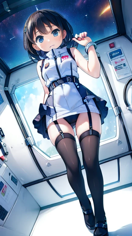 (Highest quality), (masterpiece), 1080P, High resolution, 4K, 8k, Inside the space station、Futuristic room、Thigh straps, Shooting from directly below, The woman on top of me, 白いSweat, Covered , Sweat, Woman looking down, Skirt swimsuit, Thigh-high socks, To achieve this, , , whole body, Black leather shoes, Braided hair, Inner Color, Embarrassed face, Short black hair, bracelet, Bedroom,celestial body_Vest
