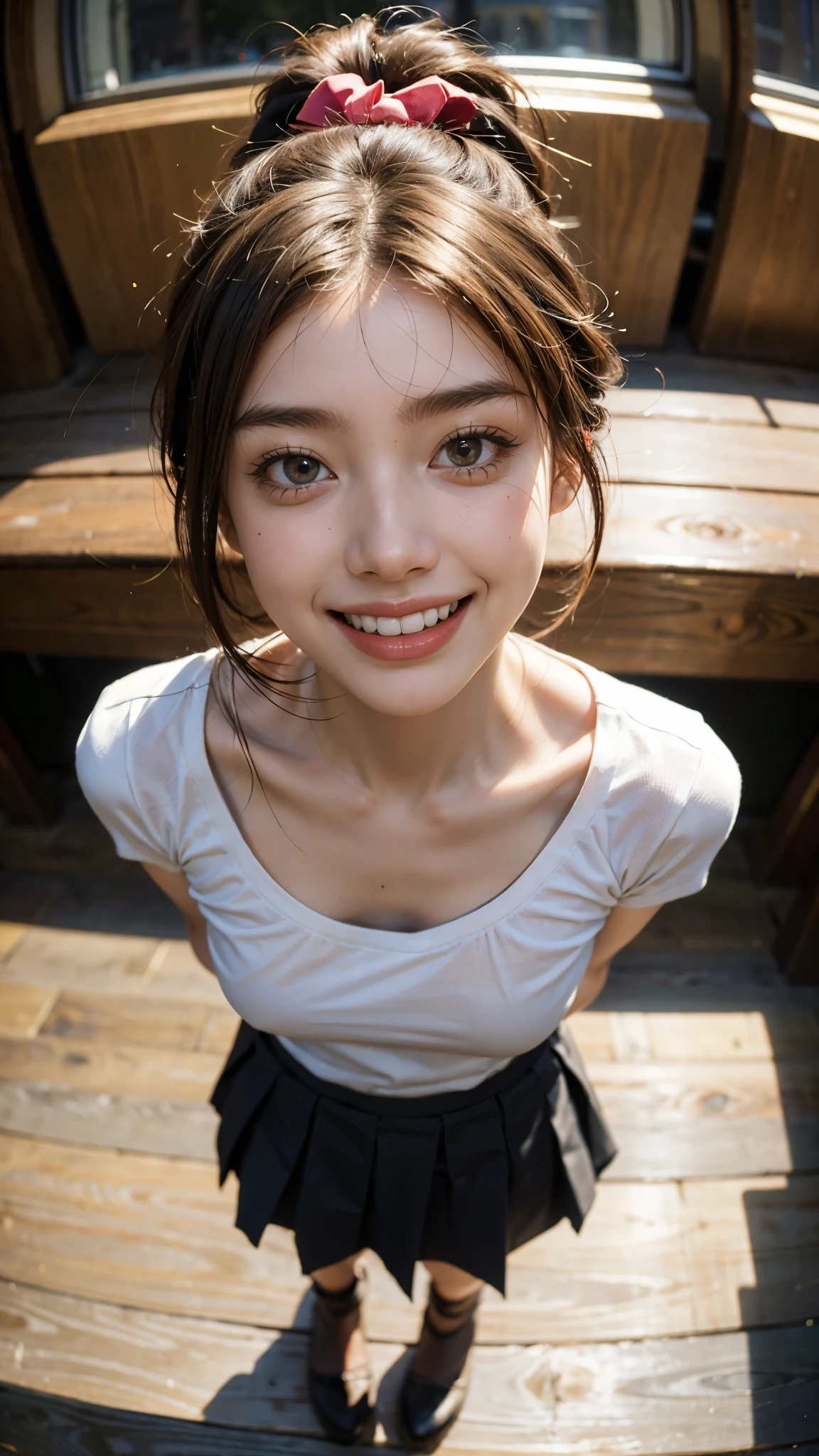 Highest quality, masterpiece, Ultra-high resolution,8k,((Toothy smiling portrait:1.4)), (Realistic:1.6), ((A radiant smile)), RAW Photos,((Pleated mini skirt)),((Nipples seem to be visible)),((Full body photo)),1 person,Slim 22 year old adult female,(Full of smiles, )) ,((Ponytail and hair tie)),((Ribbon in hair)),((Looking up at the audience)),Face Focus:1.4,((Photographed from above with a fisheye lens:1.2)),