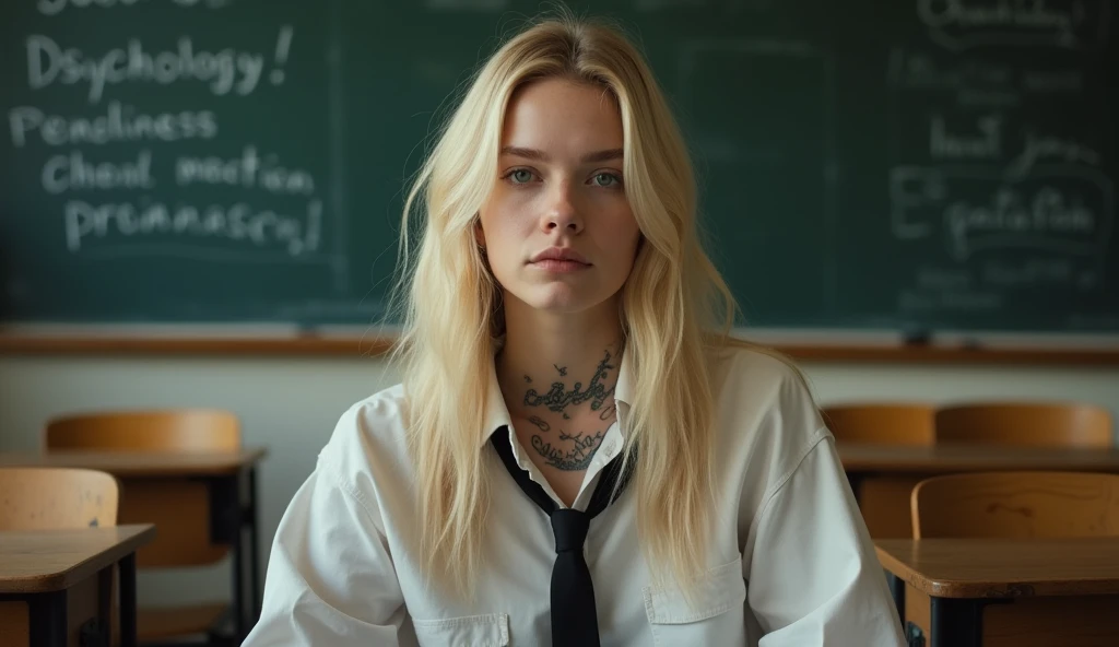 Actress Ellen Fanning sits in what appears to be a classroom setting. He has long blond hair and wears a shirt with a tie., which adds a formal yet youthful touch to your appearance. His gaze is directed towards the viewer, with a calm and introspective expression, that together with his slightly parted lips, adds to your contemplative attitude. His most notable features include the tattoo visible on his neck, what does it say "cali" in a delicate handwriting, and another intricate tattoo on his arm, which suggests a mix of elegance and nervousness in his character. the bottom, although slightly blurry, clearly shows traditional classroom elements, like desks and blackboards that are written "JAMES PSYCHOLOGY", that contrast with its modern and somewhat rebellious aesthetic. This juxtaposition evokes a sense of individuality and defiance in the face of conventional environments Seed 2035732640