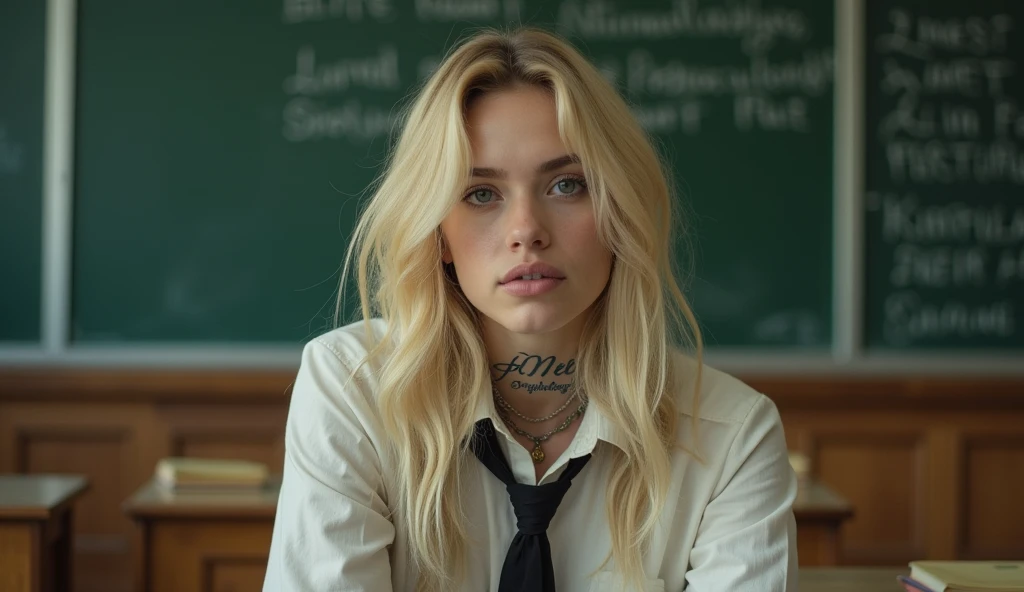 Actress Ellen Fanning sits in what appears to be a classroom setting. He has long blond hair and wears a shirt with a tie., which adds a formal yet youthful touch to your appearance. His gaze is directed towards the viewer, with a calm and introspective expression, that together with his slightly parted lips, adds to your contemplative attitude. His most notable features include the tattoo visible on his neck, what does it say "cali" in a delicate handwriting, and another intricate tattoo on his arm, which suggests a mix of elegance and nervousness in his character. the bottom, although slightly blurry, clearly shows traditional classroom elements, like desks and blackboards that are written "JAMES PSYCHOLOGY", that contrast with its modern and somewhat rebellious aesthetic. This juxtaposition evokes a sense of individuality and defiance in the face of conventional environments Seed 2035732640