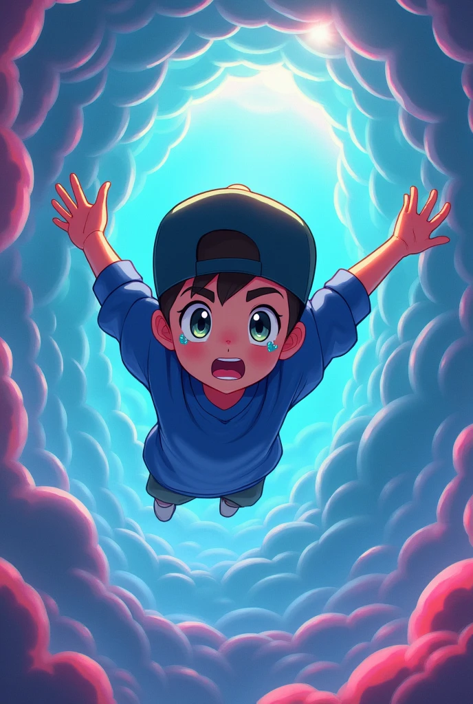 Boy in blue sweatshirt and black cap Pokémon cartoon style falling into a void while crying colored drops